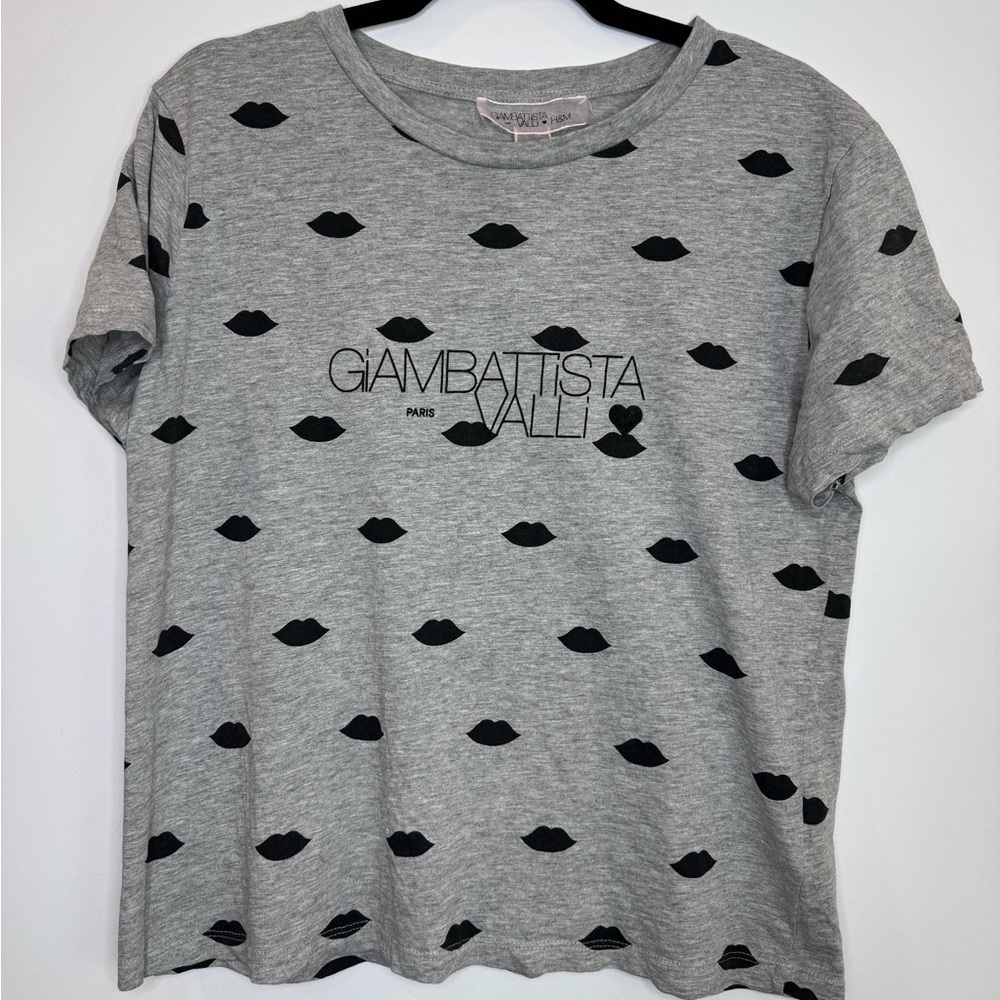 GIAMBATTISTA VALLI X H&M Grey Black Lip Print T-Shirt Top Size medium